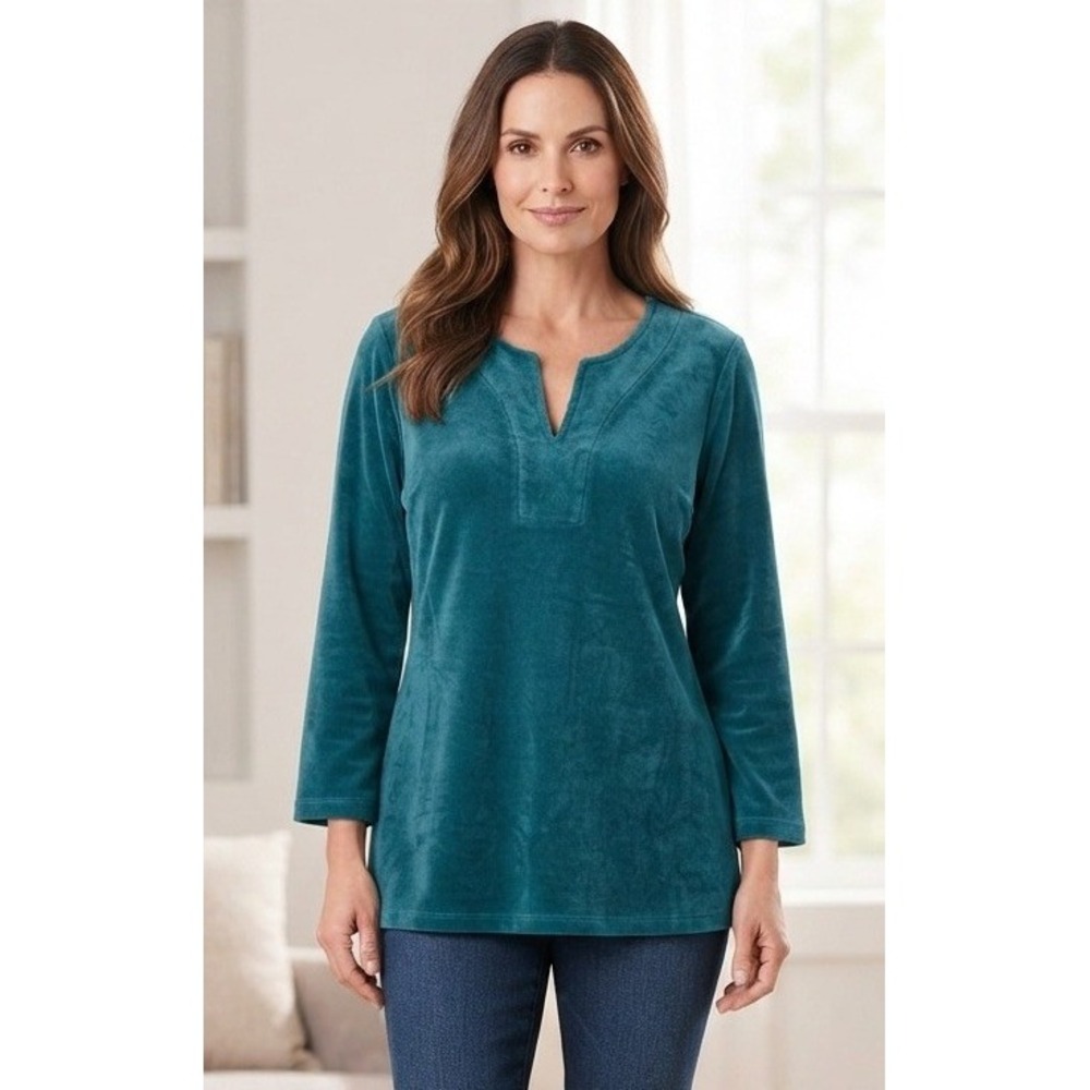 Susan Graver Tunic Velour Split V-Neck Top Womens M Teal Cotton Relaxed Vacation